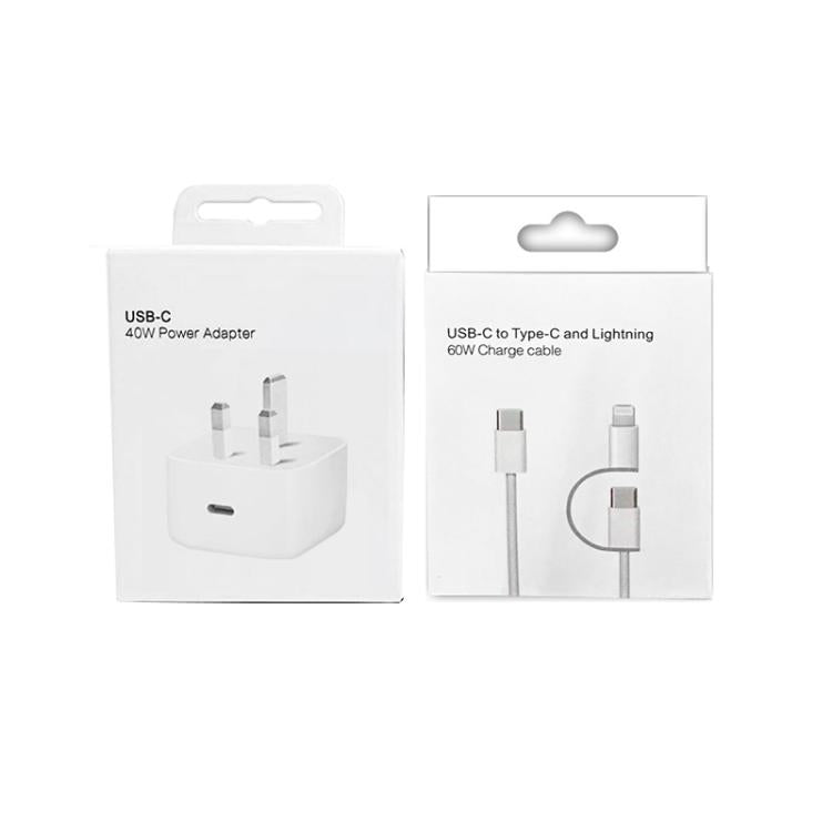 Bộ sạc A3365 PD40W USB-C / Type-C kèm cáp dữ liệu Type-C to Type-C / 8 Pin, phích cắm Anh + cáp 2 trong 1 dài 1m