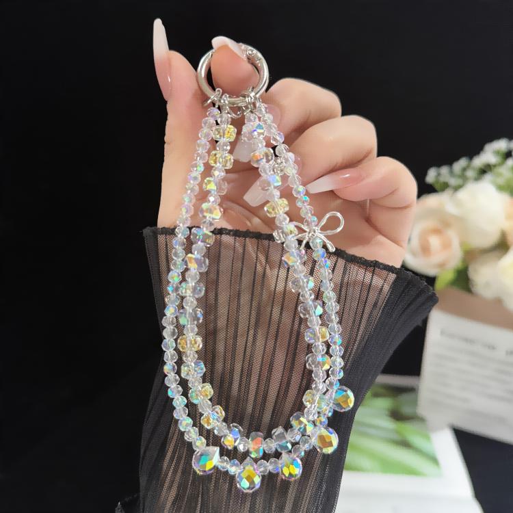 Dây đeo điện thoại hai lớp pha lê nơ hợp kim lấp lánh, pha lê hình bầu dục, pha lê hình đệm tròn, pha lê bánh xe, pha lê hình khối đường, pha lê hình quả cầu hoa, pha lê hình dâu tây