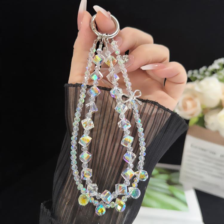 Dây đeo điện thoại hai lớp pha lê nơ hợp kim lấp lánh, pha lê hình bầu dục, pha lê hình đệm tròn, pha lê bánh xe, pha lê hình khối đường, pha lê hình quả cầu hoa, pha lê hình dâu tây