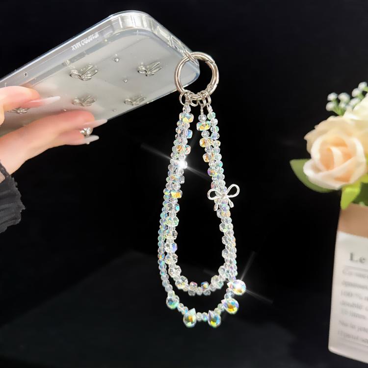 Dây đeo điện thoại hai lớp pha lê nơ hợp kim lấp lánh, pha lê hình bầu dục, pha lê hình đệm tròn, pha lê bánh xe, pha lê hình khối đường, pha lê hình quả cầu hoa, pha lê hình dâu tây