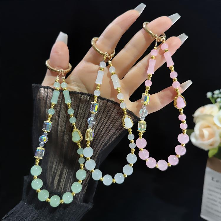 Dây đeo điện thoại hạt ngọc tre bầu thanh lịch, màu hồng, trắng, xanh lá