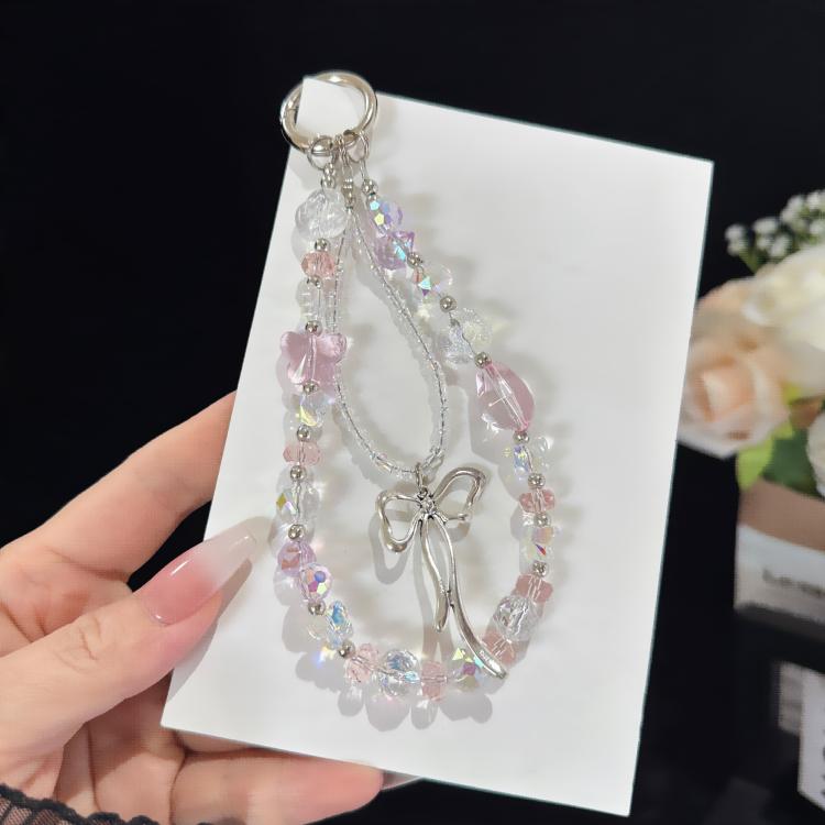 Dây đeo điện thoại đôi phát sáng nơ pha lê ảo mộng huyền ảo, màu hồng, xanh dương