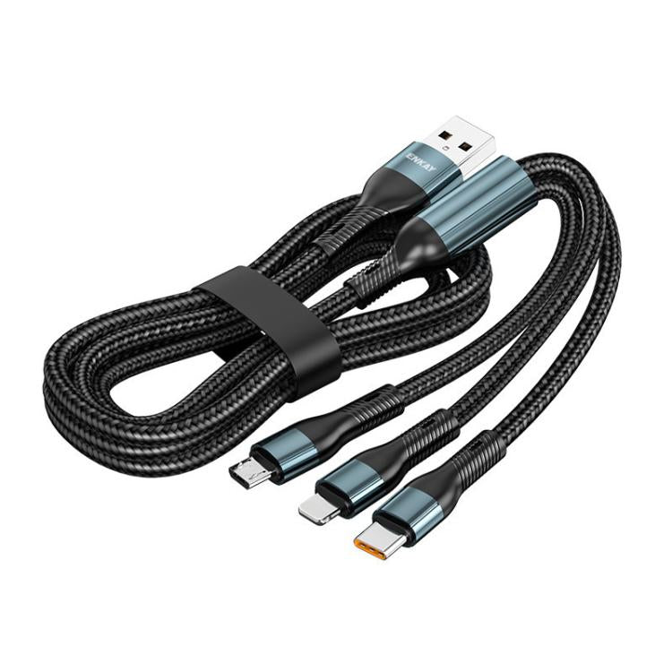 Dây cáp sạc nhanh nylon bện ENKAY 3 trong 1 120W USB sang 8 Pin / Type-C / Micro USB, dài 1,2m, ENK-CB184