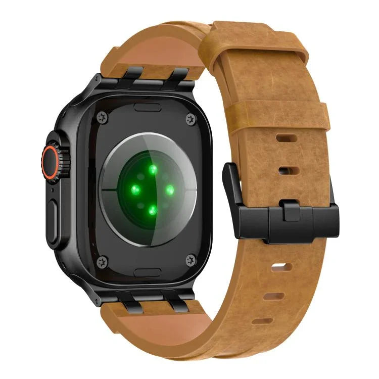 Dây đồng hồ da tổng hợp Crazy Horse khóa đen thép không gỉ, dành cho Apple Watch 46mm / 49mm / 45mm / 44mm
