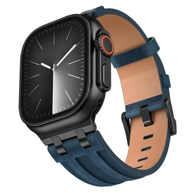 Dây đồng hồ da tổng hợp Crazy Horse khóa đen thép không gỉ, dành cho Apple Watch 46mm / 49mm / 45mm / 44mm