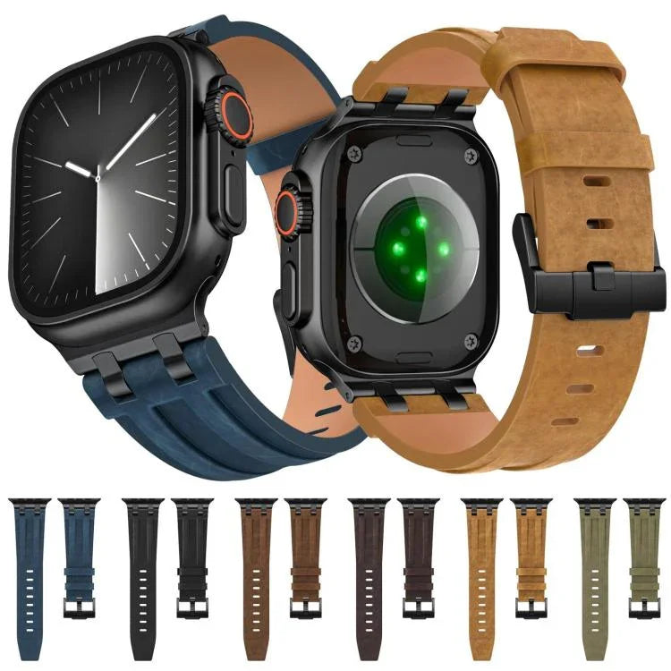 Dây đồng hồ da tổng hợp Crazy Horse khóa đen thép không gỉ, dành cho Apple Watch 46mm / 49mm / 45mm / 44mm