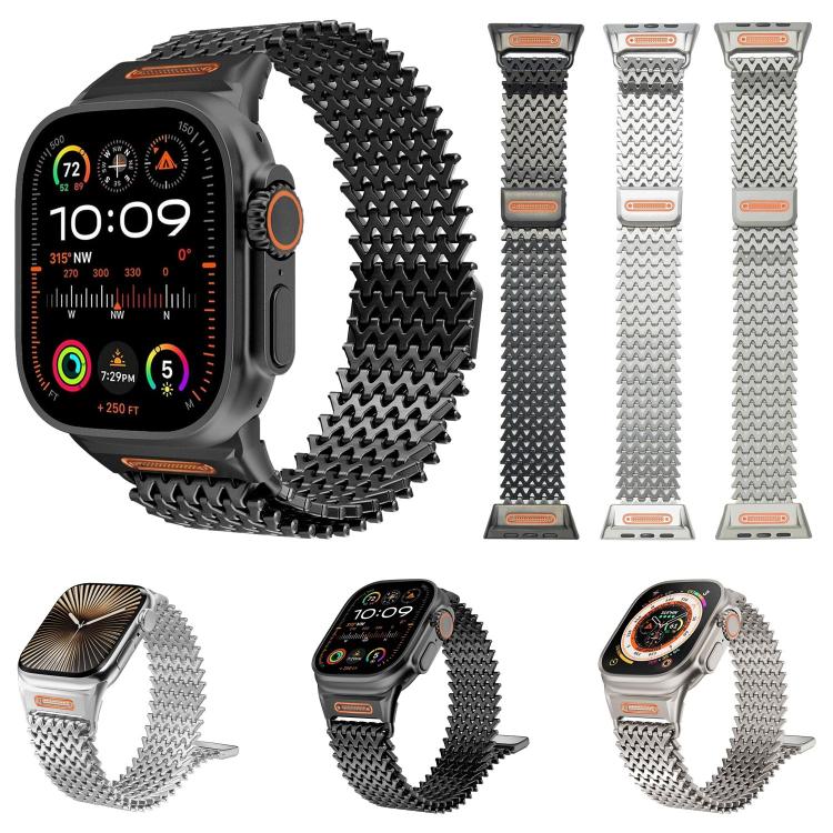 Dây đồng hồ thép không gỉ từ tính kiểu W xương dài, dành cho Apple Watch 46mm / 49mm / 45mm / 44mm