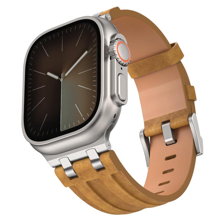 Dây đồng hồ khóa bạc thép không gỉ da tổng hợp Crazy Horse, Dành cho Apple Watch 46mm / 49mm / 45mm / 44mm