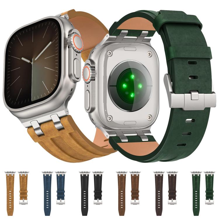 Dây đồng hồ khóa bạc thép không gỉ da tổng hợp Crazy Horse, Dành cho Apple Watch 46mm / 49mm / 45mm / 44mm
