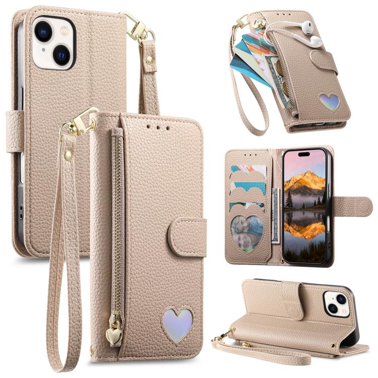 Fantasy Love Heart Zipper Wallet Vegan Leather Phone Case with Strap, For iPhone 13