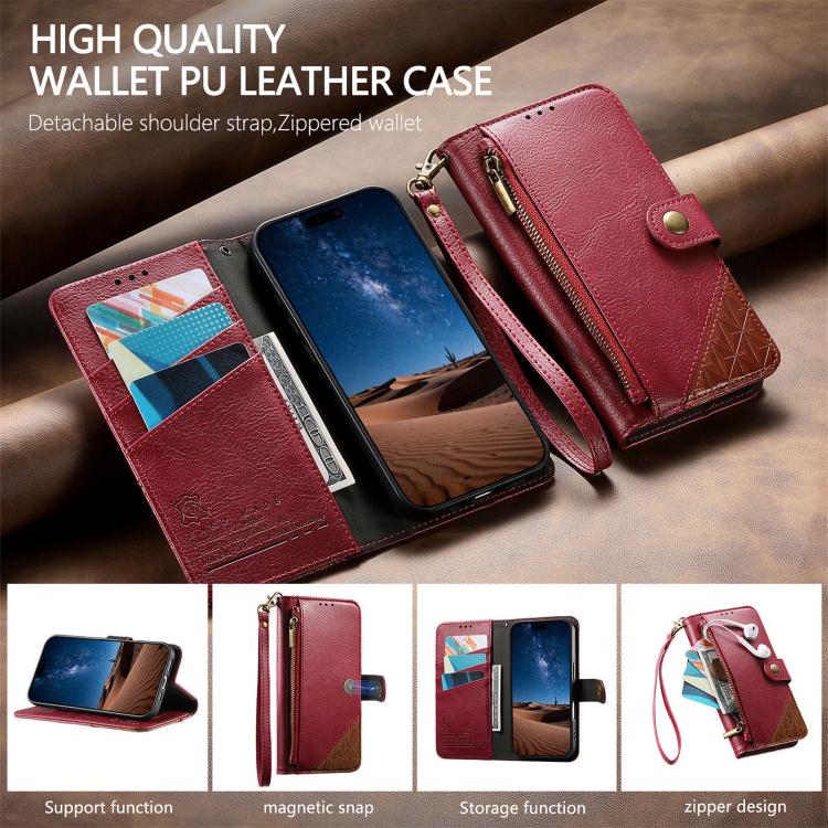Splicing Zipper Wallet Vegan Leather Phone Case with Strap, For iPhone 17 Pro Max, For iPhone 17 Pro, For iPhone 17, For iPhone Air, For iPhone 16 Pro Max, For iPhone 16 Pro, For iPhone 16 Plus, For iPhone 16