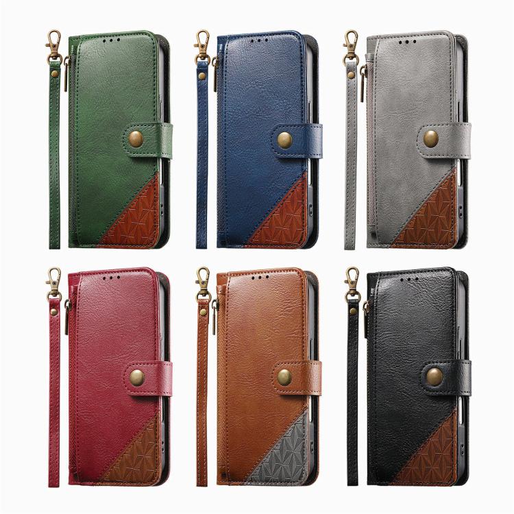 Splicing Zipper Wallet Vegan Leather Phone Case with Strap, For iPhone 17 Pro Max, For iPhone 17 Pro, For iPhone 17, For iPhone Air, For iPhone 16 Pro Max, For iPhone 16 Pro, For iPhone 16 Plus, For iPhone 16