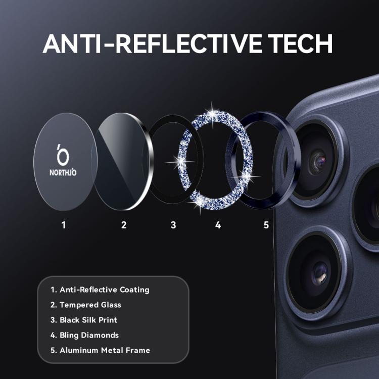 NORTHJO 1 bộ phim bảo vệ ống kính camera vòng kim loại lấp lánh, Dành cho iPhone 17 Pro / 17 Pro Max