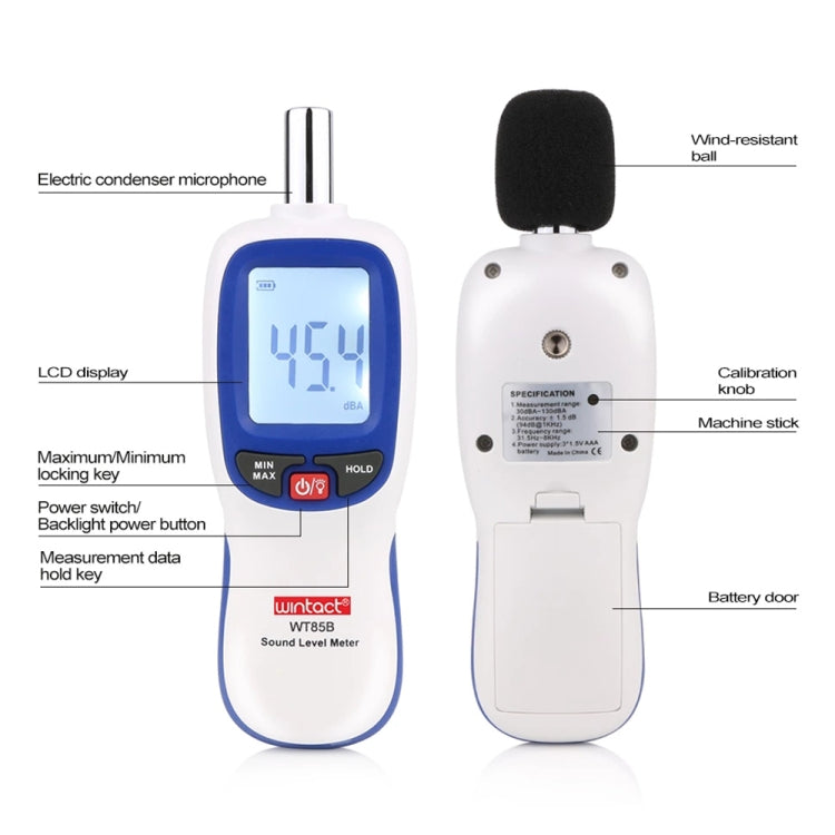 WT85B Máy đo mức âm thanh kỹ thuật số, máy đo decibel, máy đo tiếng ồn kỹ thuật số, máy đo tiếng ồn môi trường, WT85B màu trắng, WT85B màu đen