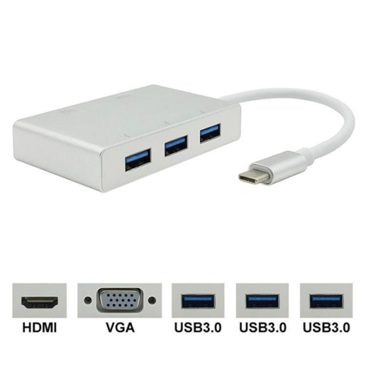 Bộ chuyển đổi USB C sang HDMI VGA USB Hub 5 trong 1 USB 3.1 cho laptop MacBook, ChromeBook Pixel, Huawei MateBook, HDMI+VGA+3xUSB3.0 sang Type-C