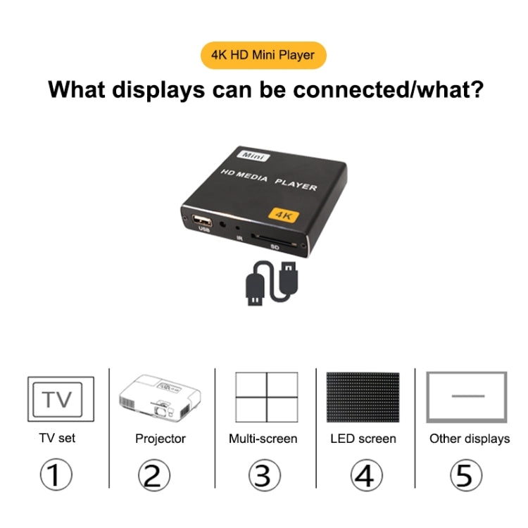 Máy phát 4K HD JEDX đơn AD, bật nguồn tự động phát lại vòng lặp video PPT màn hình ngang và dọc, phát U Disk SD, US, EU, UK