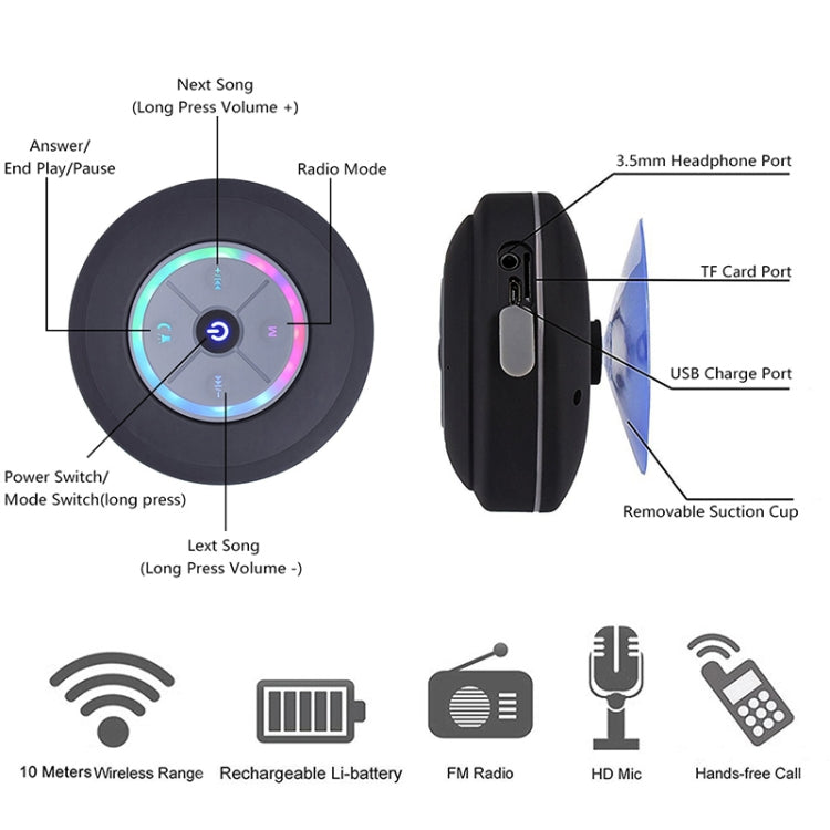 Loa Bluetooth không dây BTS-08 Chống nước Đèn LED Đài FM Loa siêu trầm Loa cột Bluetooth Thẻ TF Loa mini hút chân không cho phòng tắm