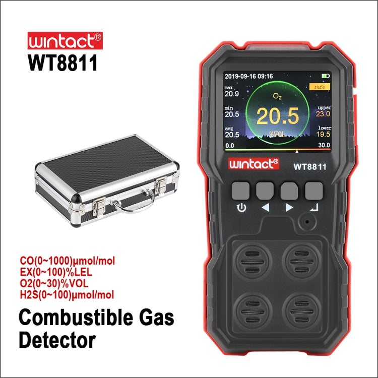 Máy giám sát khí hỗn hợp WINTACT WT8811, màn hình LCD, sạc lại được, đa chức năng 4 trong 1, cảm biến khí cháy nổ O2 H2S CO, báo động âm thanh-ánh sáng-rung