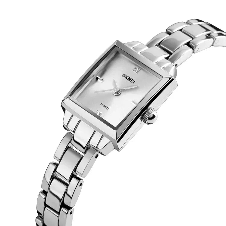 Đồng hồ thời trang công sở SKMEI 1407 đính kim cương tinh tế và thanh lịch, đồng hồ quartz hợp kim kẽm hình vuông cho nữ, màu bạc