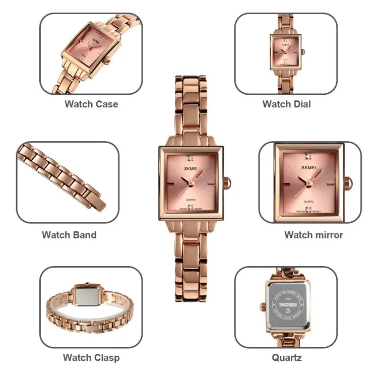 Đồng hồ thời trang công sở SKMEI 1407 đính kim cương tinh tế và thanh lịch, đồng hồ quartz hợp kim kẽm hình vuông cho nữ, màu bạc