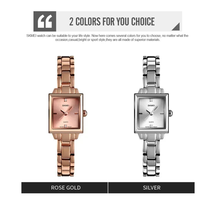 Đồng hồ thời trang công sở SKMEI 1407 đính kim cương tinh tế và thanh lịch, đồng hồ quartz hợp kim kẽm hình vuông cho nữ, màu bạc