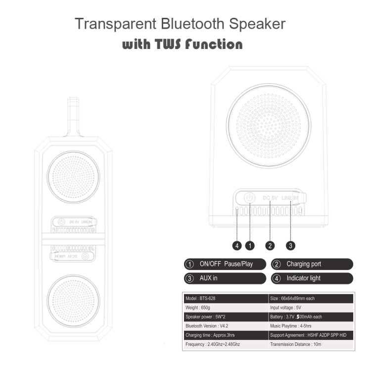 Loa Bluetooth trong suốt TWS di động BT628 10W với đế kết nối từ tính, loa bass subwoofer stereo ngoài trời