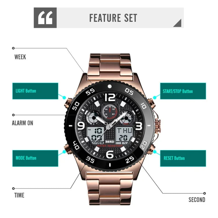 SKMEI 1538 Multi-Function Time Large Dial Steel Belt Men  Casual Sports Electronic Watch