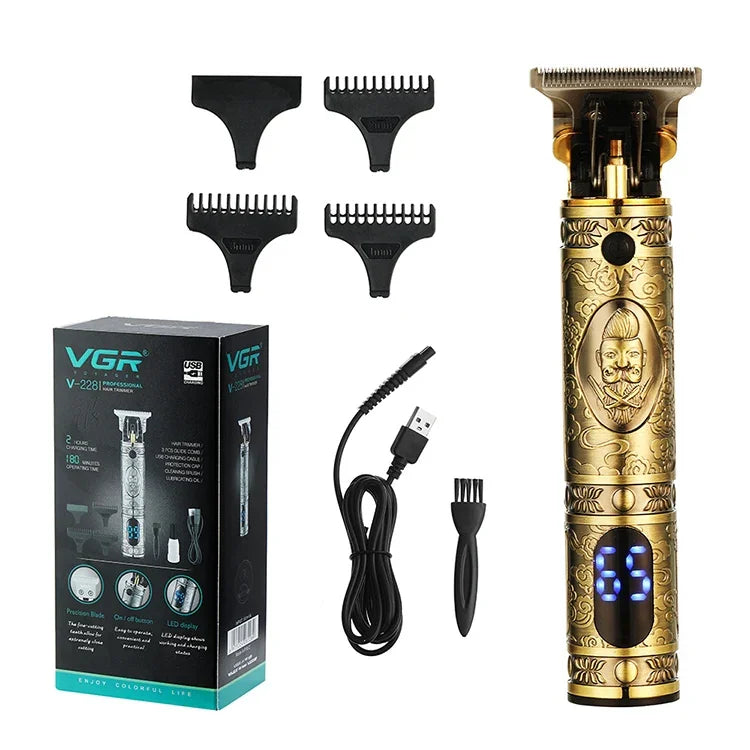 Tông đơ cắt tóc khắc họa tiết cổ điển VGR V-228 5W USB, màn hình LED kỹ thuật số, V-228 (đồng), V-228 (bạc)