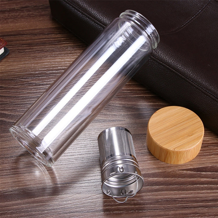 Bình thủy tinh đựng nước trà có lọc, nắp tre, bình hai lớp, thiết kế gọn nhẹ, bình ngoài trời, dung tích 350ML, 450ML