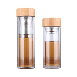 Bình thủy tinh đựng nước trà có lọc, nắp tre, bình hai lớp, thiết kế gọn nhẹ, bình ngoài trời, dung tích 350ML, 450ML