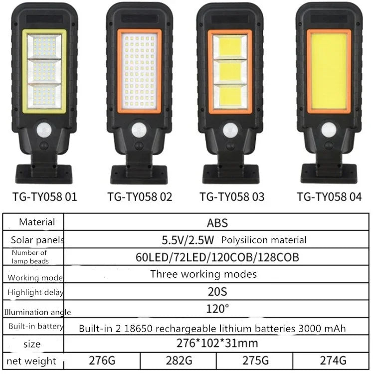 Đèn tường cảm ứng thân đèn năng lượng mặt trời LED ngoài trời chống nước đèn đường, 128 COB