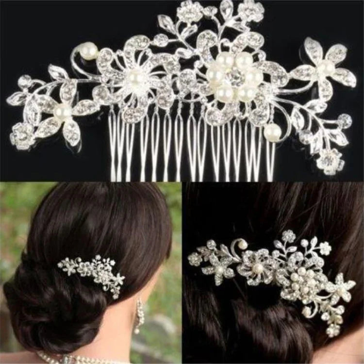 Kẹp tóc cưới hoa pha lê ngọc trai lãng mạn cài tóc hoa đá quý vương miện cô dâu lược tóc cô dâu