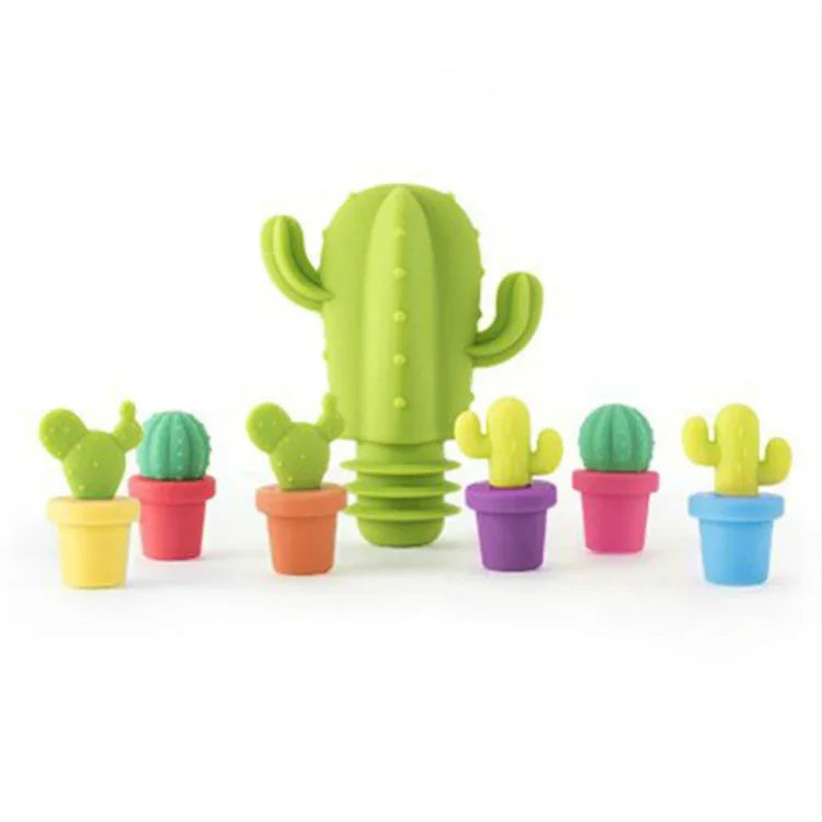 Bộ 7 món nút chai rượu bằng silicone hình xương rồng sáng tạo + bộ đánh dấu ly rượu, nút chai rượu 7 trong 1
