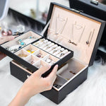 Hộp đựng trang sức da di động lưu trữ dây chuyền nhẫn đồng hồ, hộp hai tầng