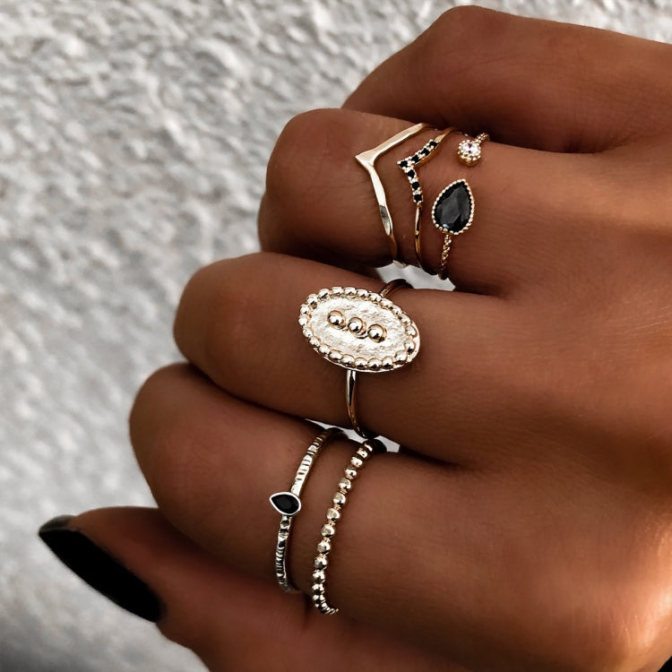 Bộ 6 nhẫn nữ phong cách Bohemian đơn giản, họa tiết giọt nước nổi với kim cương, màu vàng, bạc