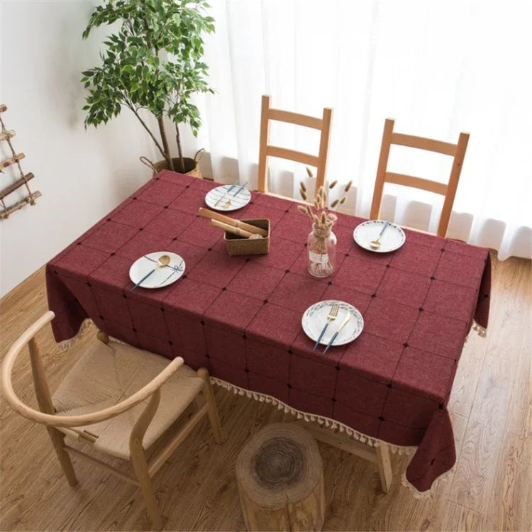 Khăn trải bàn thêu lưới vuông màu trơn, vải cotton lanh có tua rua, thảm trải bàn cà phê hình chữ nhật, kích thước 60x60cm, 90x90cm, 90x140cm, 110x110cm, 100x160cm, 110x170cm, 140x140cm, 140x180cm, 140x200cm