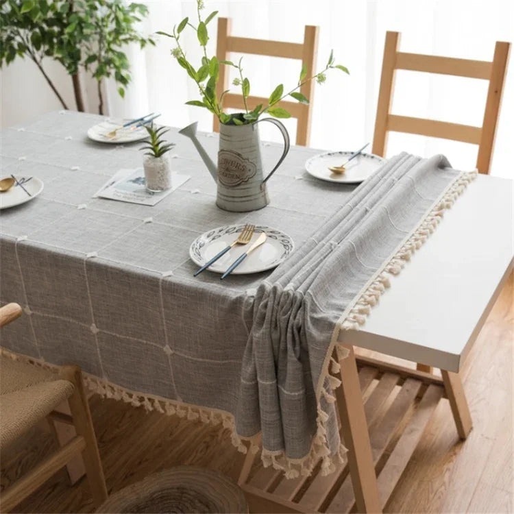 Khăn trải bàn thêu lưới vuông màu trơn, vải cotton lanh có tua rua, thảm trải bàn cà phê hình chữ nhật, kích thước 140x220cm, 140x240cm, 140x260cm, 140x300cm