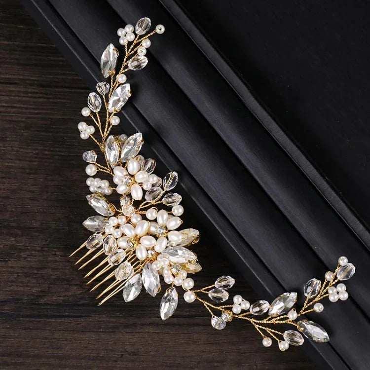 Băng đô ngọc trai vàng, vương miện pha lê, lược cưới đính đá, phụ kiện tóc cô dâu, ngọc trai vàng
