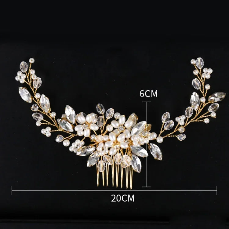 Băng đô ngọc trai vàng, vương miện pha lê, lược cưới đính đá, phụ kiện tóc cô dâu, ngọc trai vàng