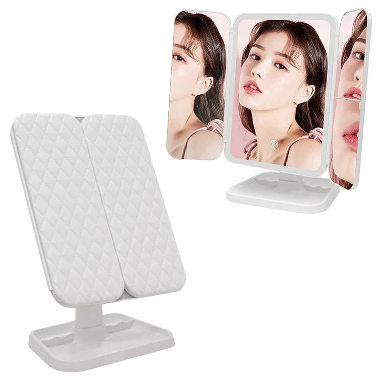 Gương trang điểm LED ba gập vuông đơn giản & phong cách, đèn đơn sắc cắm điện, mẫu đèn sạc, mẫu đèn sạc ba màu
