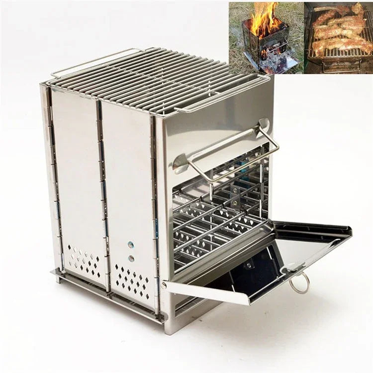 Bếp nướng than di động bằng thép không gỉ gấp gọn, bếp củi dã ngoại ngoài trời, 21x21x27cm