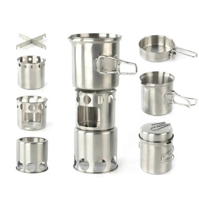 Bếp Gió Bằng Thép Không Gỉ Ngoài Trời Bộ Bếp Nướng Cắm Trại Di Động, Bếp Đốt Gỗ, Bộ Bếp + Bếp Đốt Gỗ