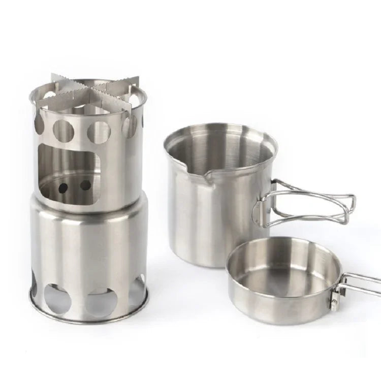 Bếp Gió Bằng Thép Không Gỉ Ngoài Trời Bộ Bếp Nướng Cắm Trại Di Động, Bếp Đốt Gỗ, Bộ Bếp + Bếp Đốt Gỗ