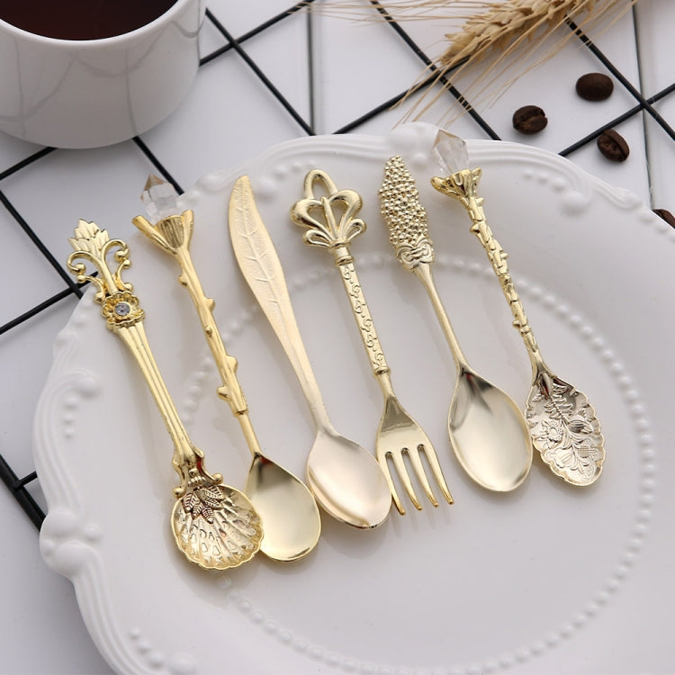 6 cái thìa cà phê mini phong cách cổ điển, bộ dụng cụ ăn uống kiểu hoàng gia, kim loại chạm khắc, màu vàng, đỏ đồng, đồng cổ (có nĩa đỏ), đồng cổ (có nĩa cổ), bạc