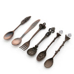 6 cái thìa cà phê mini phong cách cổ điển, bộ dụng cụ ăn uống kiểu hoàng gia, kim loại chạm khắc, màu vàng, đỏ đồng, đồng cổ (có nĩa đỏ), đồng cổ (có nĩa cổ), bạc