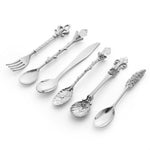 6 cái thìa cà phê mini phong cách cổ điển, bộ dụng cụ ăn uống kiểu hoàng gia, kim loại chạm khắc, màu vàng, đỏ đồng, đồng cổ (có nĩa đỏ), đồng cổ (có nĩa cổ), bạc