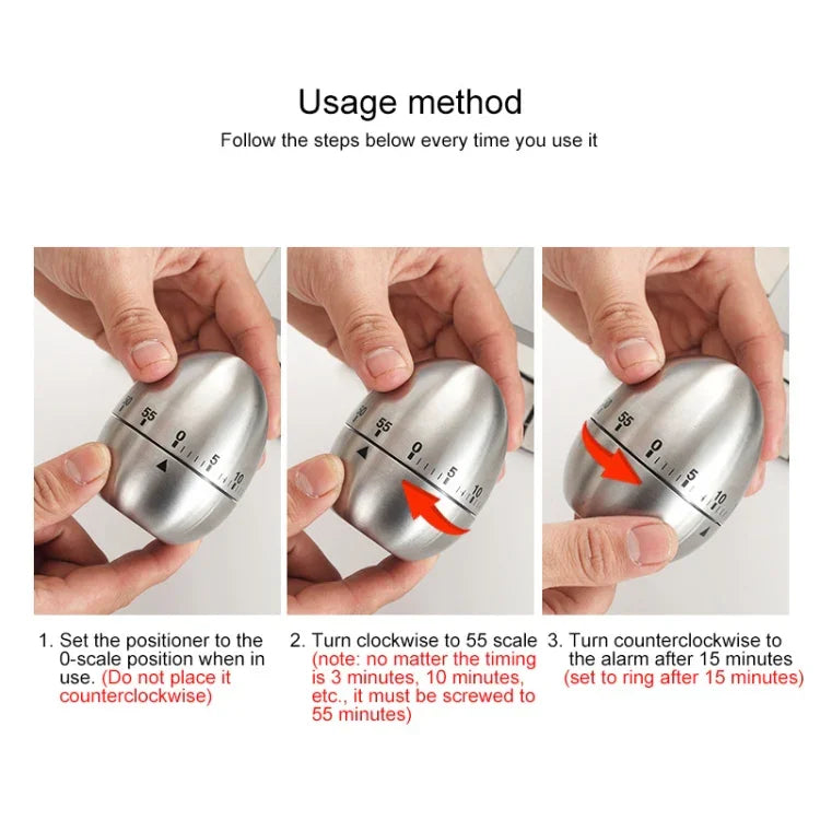 Đồng hồ hẹn giờ cơ học cho nhà bếp hình quả trứng, báo thức 60 phút, dụng cụ nhà bếp bằng thép không gỉ, đồng hồ hẹn giờ cơ học hình quả trứng