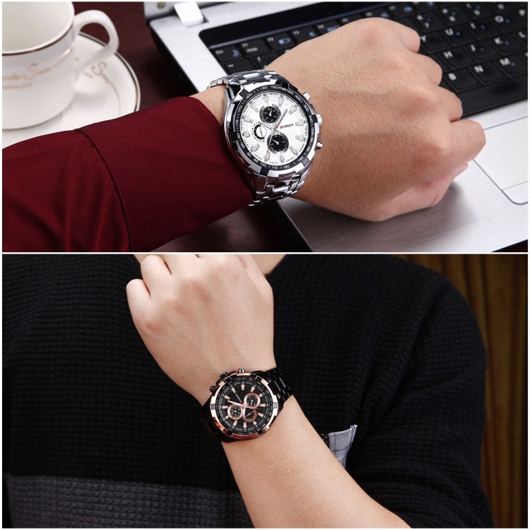 Đồng hồ thể thao analog nam CURREN 8023 thép không gỉ, vỏ trắng mặt trắng, vỏ bạc mặt vàng, vỏ bạc viền vàng mặt đen, vỏ đen mặt trắng, vỏ đen mặt đen, vỏ đen viền vàng mặt trắng, vỏ đen mặt vàng