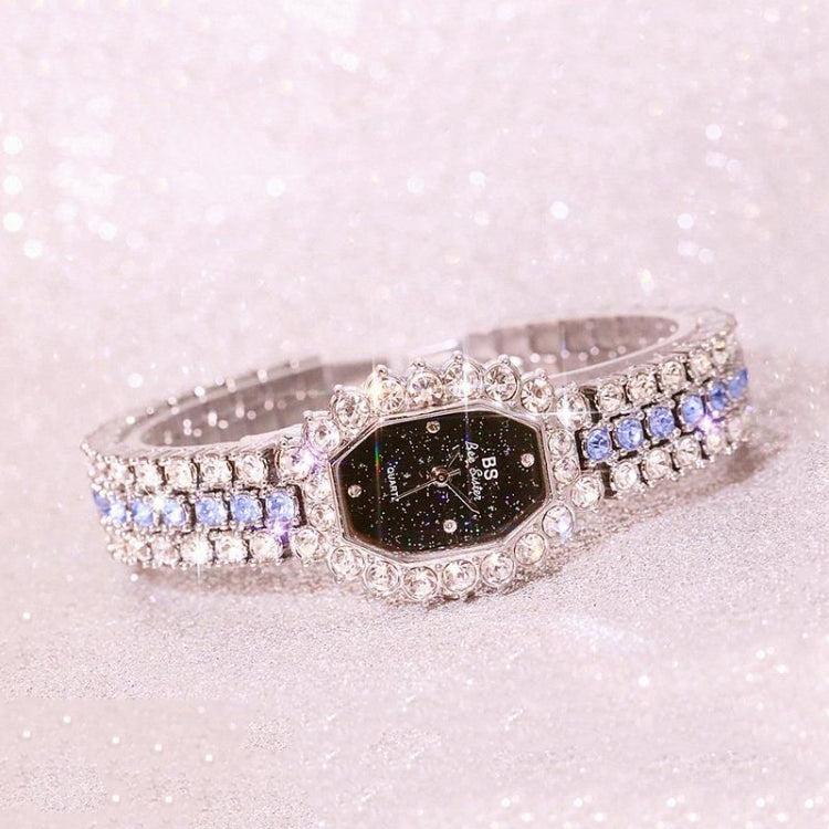 Đồng hồ quartz nữ BS beesister FA1581 mặt bát giác đính kim cương giả và vòng tay đá rhinestone