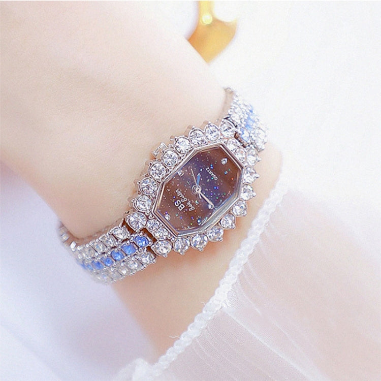 Đồng hồ quartz nữ BS beesister FA1581 mặt bát giác đính kim cương giả và vòng tay đá rhinestone